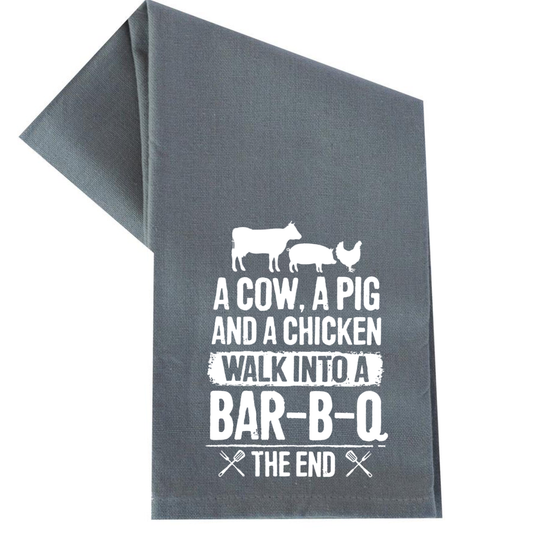 A COW, A PIG, AND A CHICKEN WALK INTO A BBQ TEA TOWEL