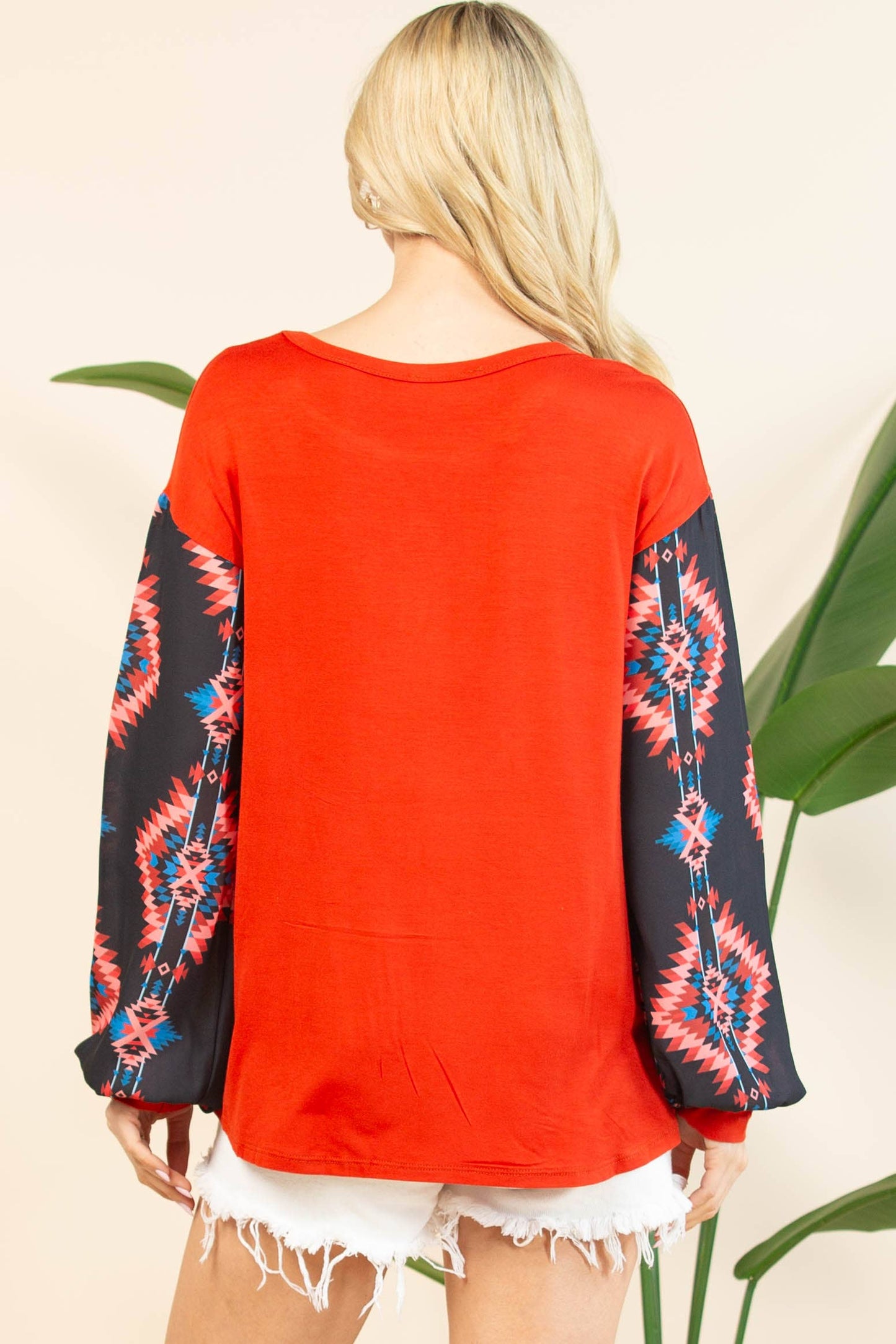 MACIE AZTEC PRINT COLOR BLOCK WOVEN SLEEVE TOP