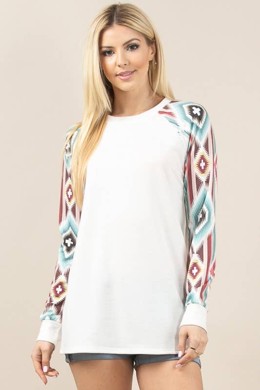 MARA AZTEC PRINT COLOR BLOCK RAGLAN TOP