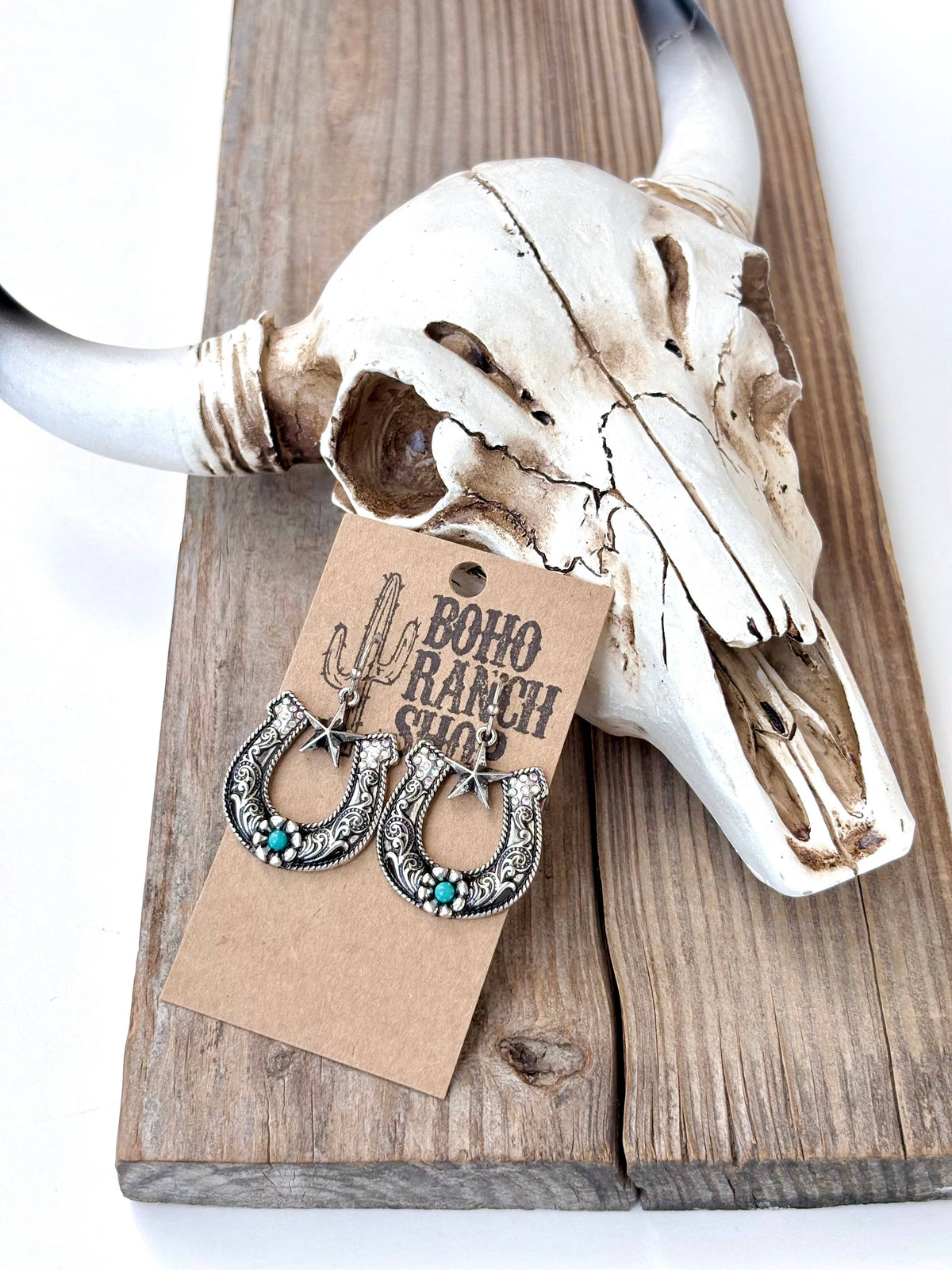 Western Horseshoe Star Turquoise Stone Dangle Earrings