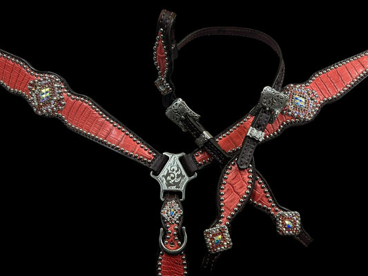 Genuine Coral Alligator on Dark leather