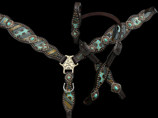 Mocca and mint Navajo on dark leather