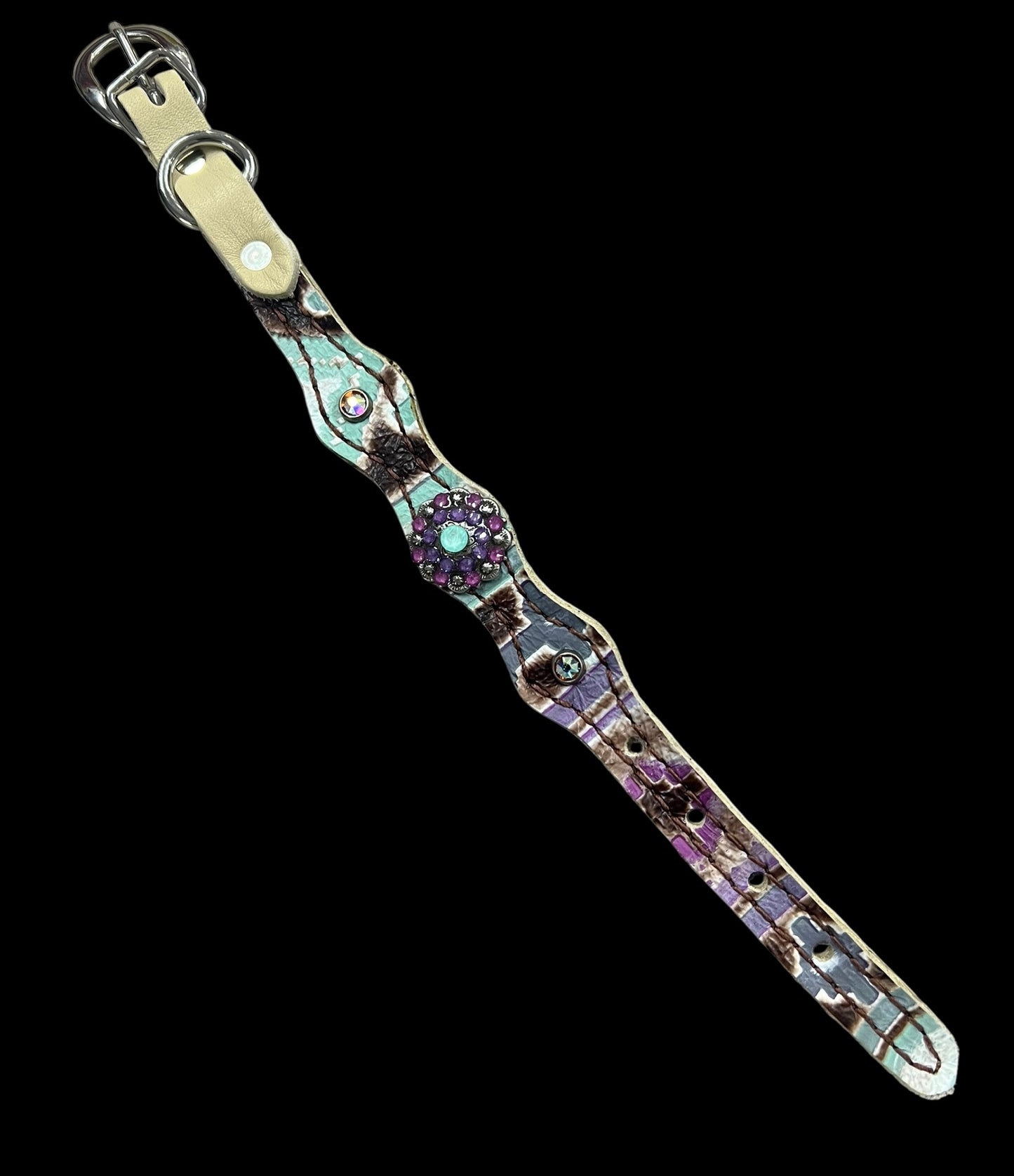 Mint and purple Navajo on dark leather