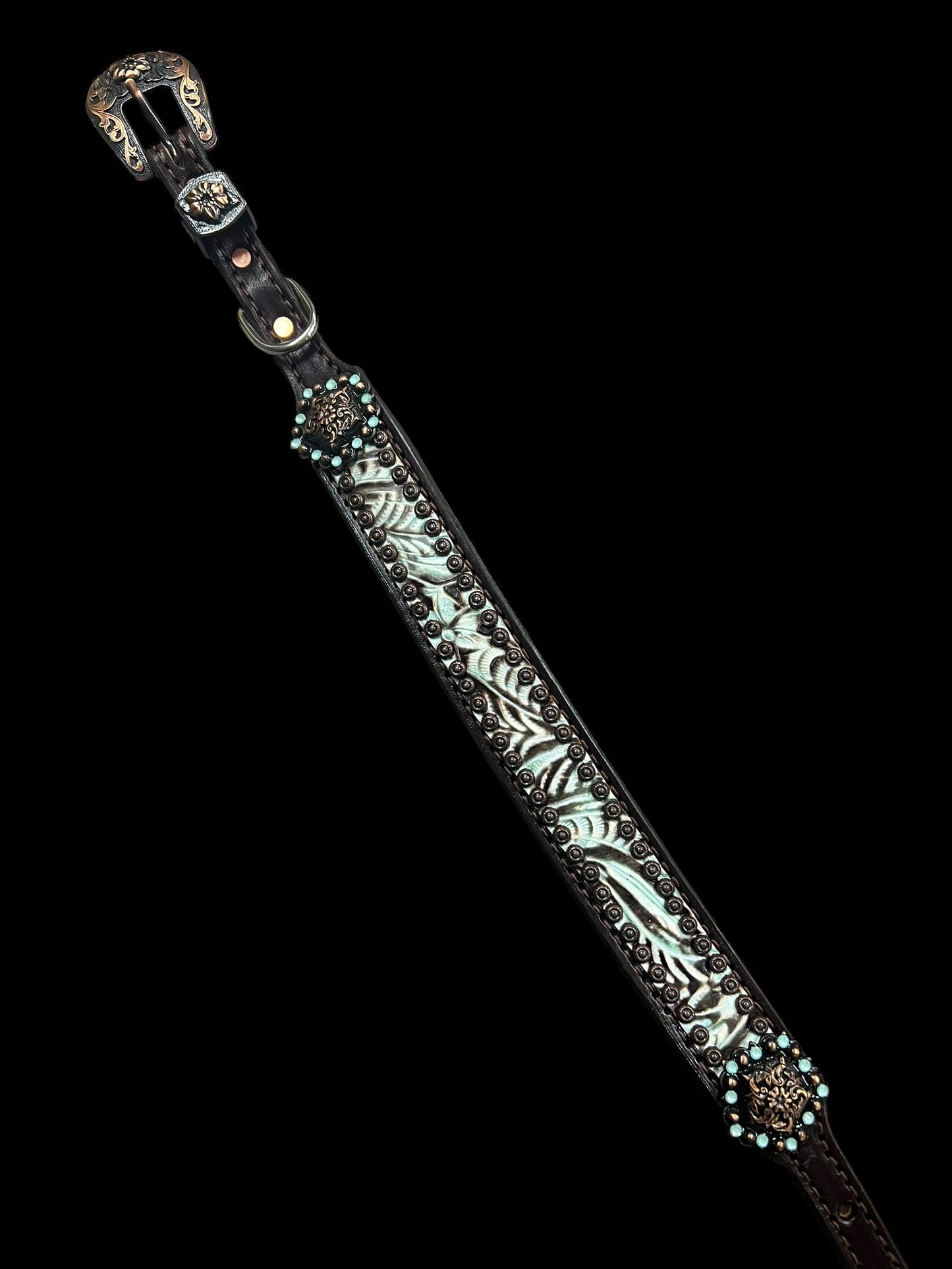 Brown and mint floral on dark leather