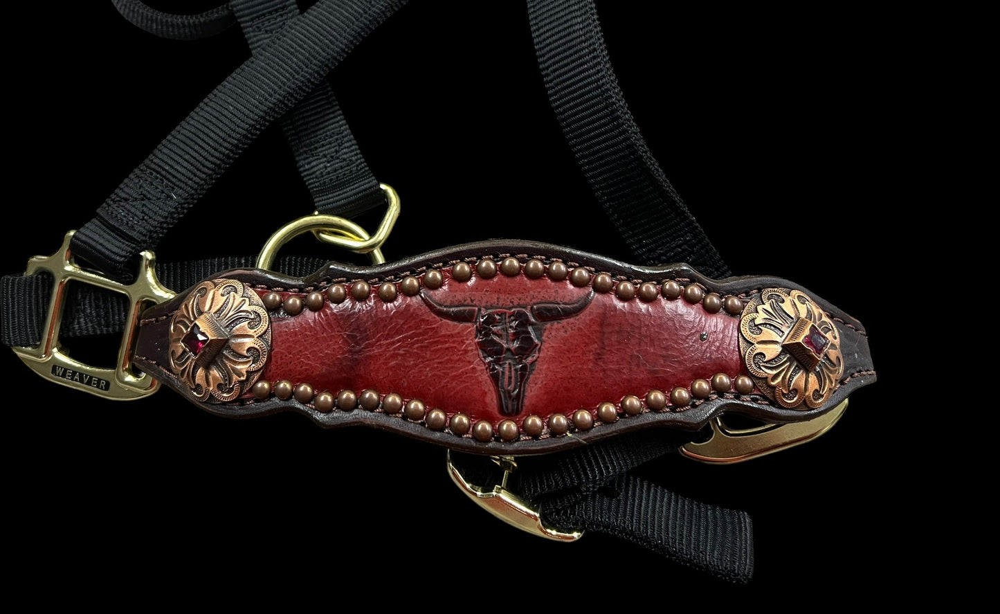 Red longhorns on dark leather