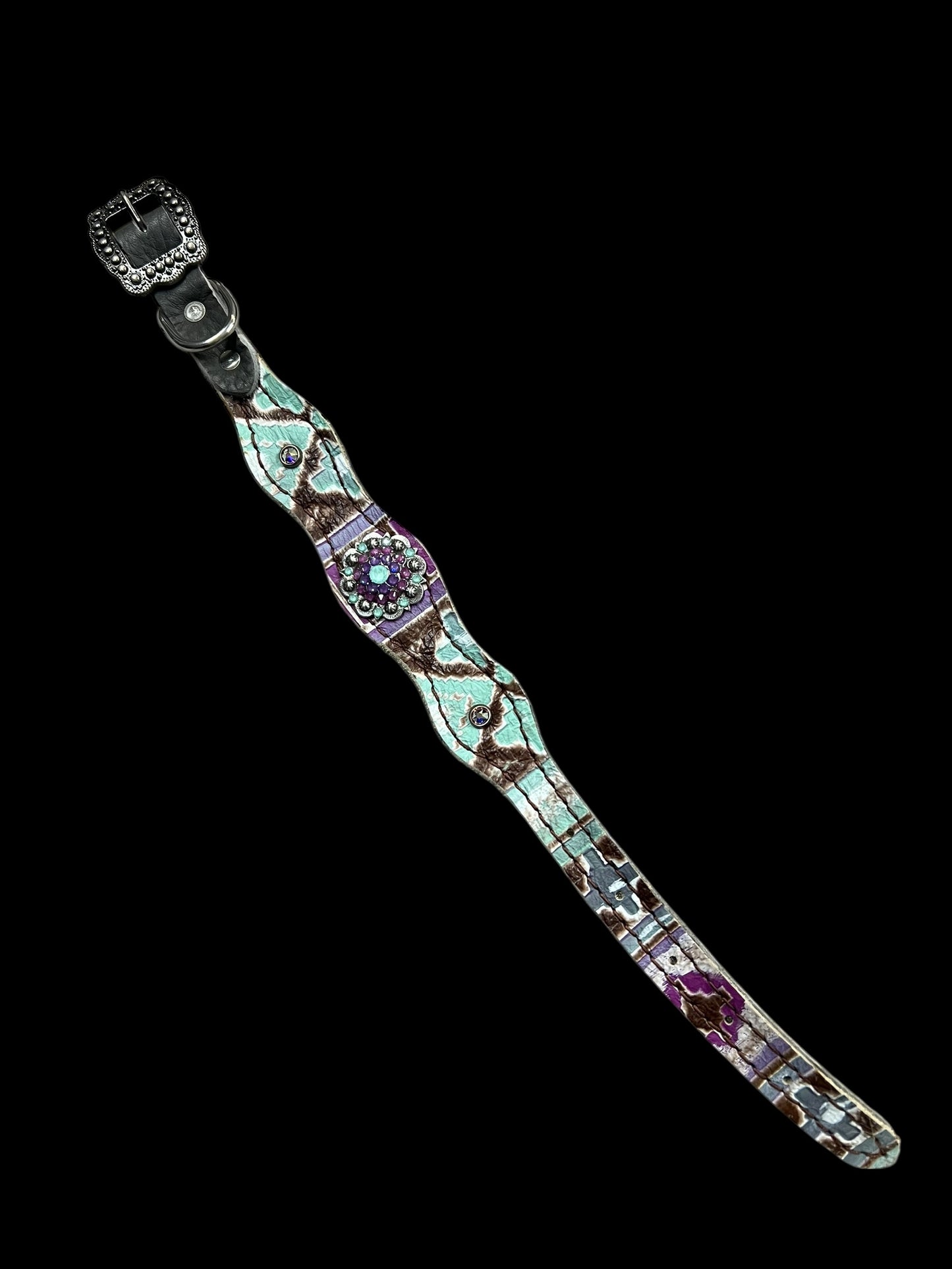 Mint and purple Navajo on dark leather