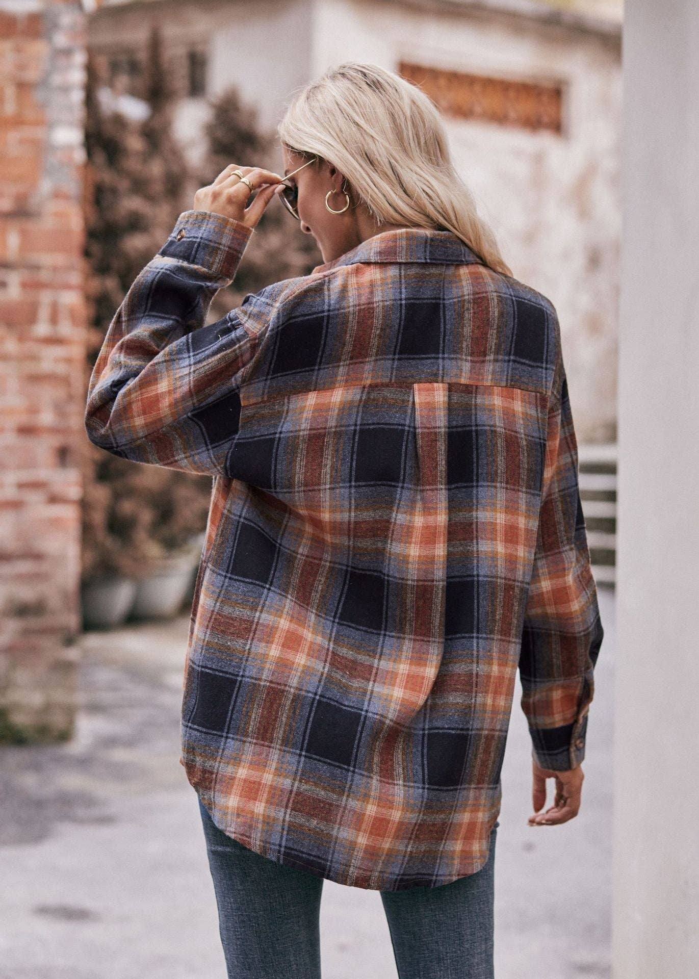 Khaki Oversized Plaid Button Up Shirt Jacket for Women