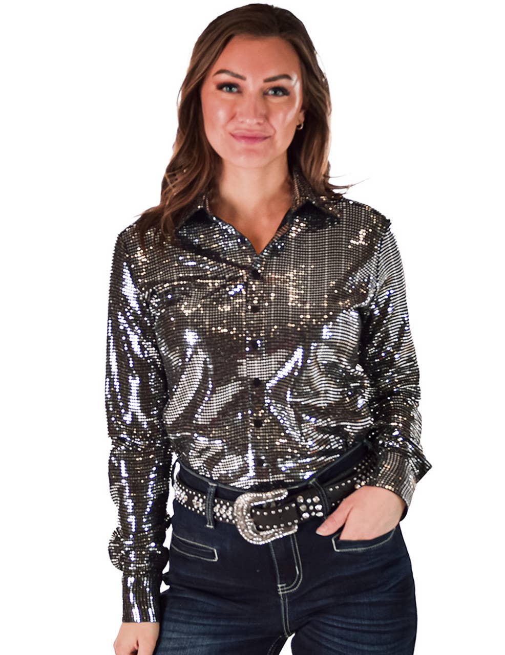 Pullover Button Up with Silver Metallic Foil Stretch