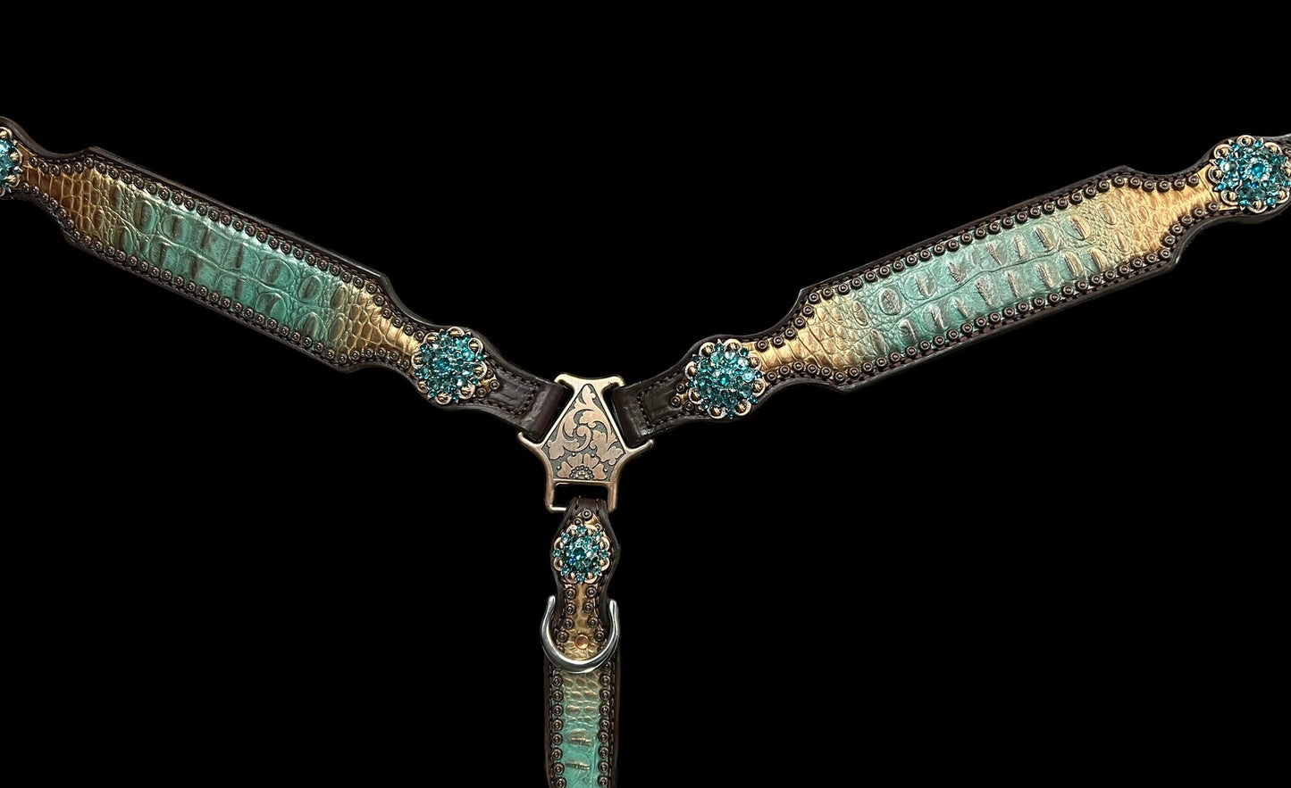 Brown and teal gator on dark leather