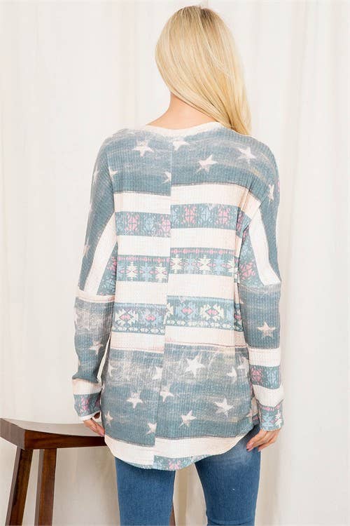 AMANDA STAR PRINT WAFFLE DOLMAN SLEEVE TOP