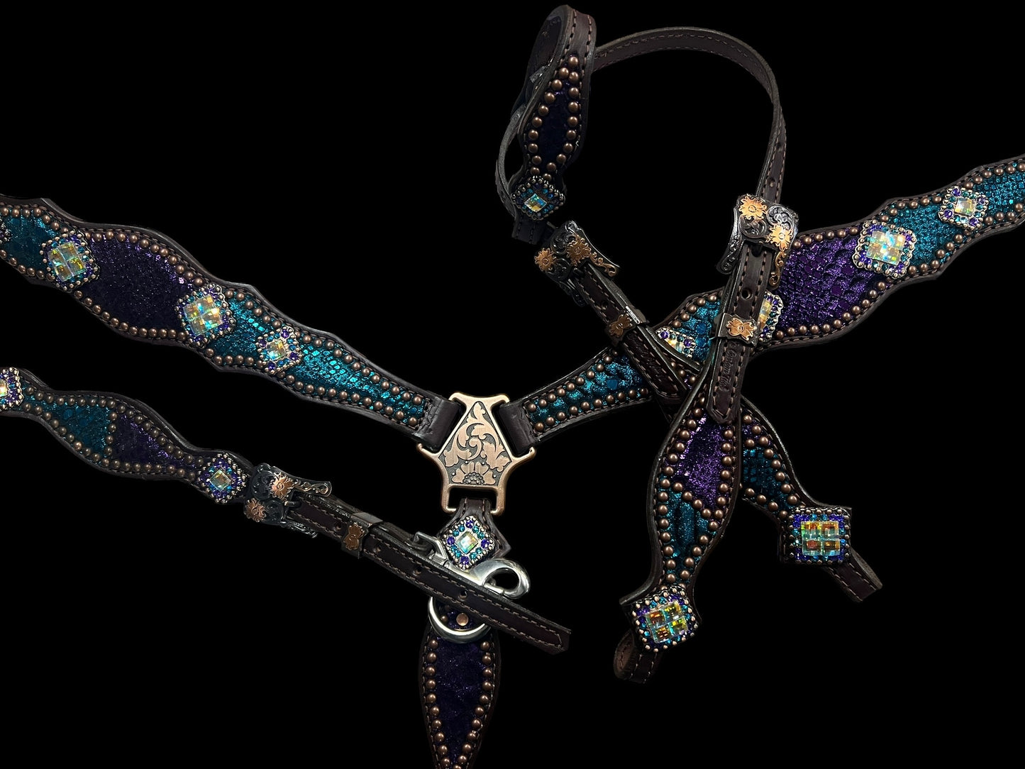 Teal and purple mystic on dark leather