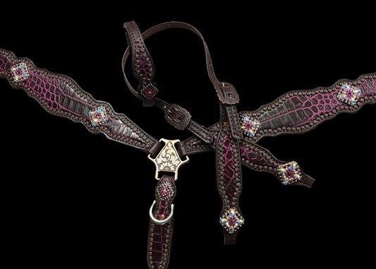 Fuchsia  gator on dark leather