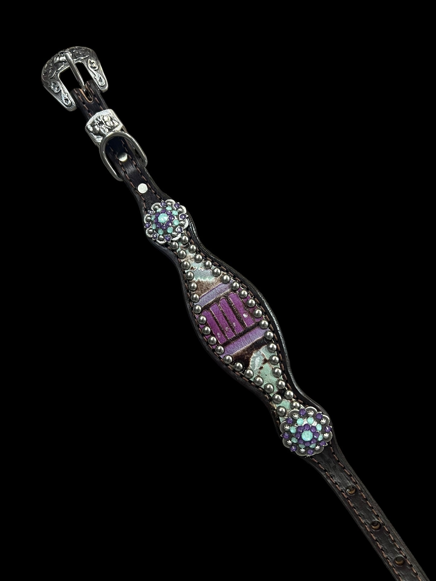 Mint and purple Navajo on dark leather