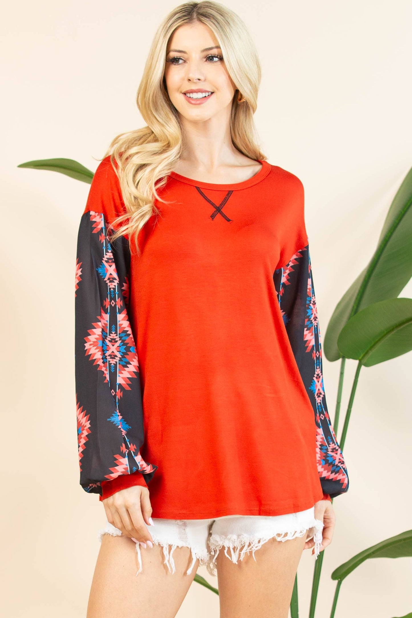 MACIE AZTEC PRINT COLOR BLOCK WOVEN SLEEVE TOP