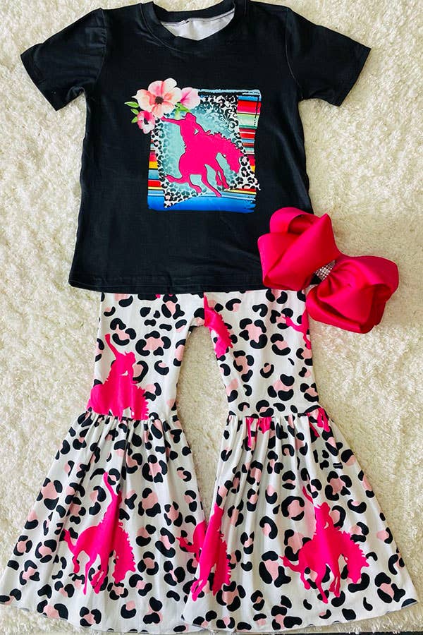 Riding horse black top leopard bell bottom girls set