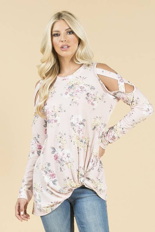 LILY floral print cold shoulder side twist knit top