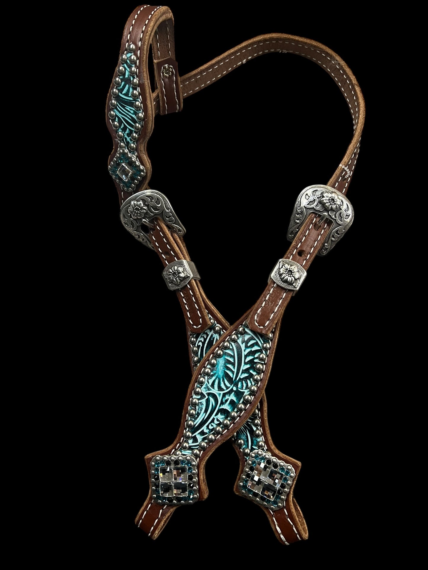 Teal and black floral on medium leather