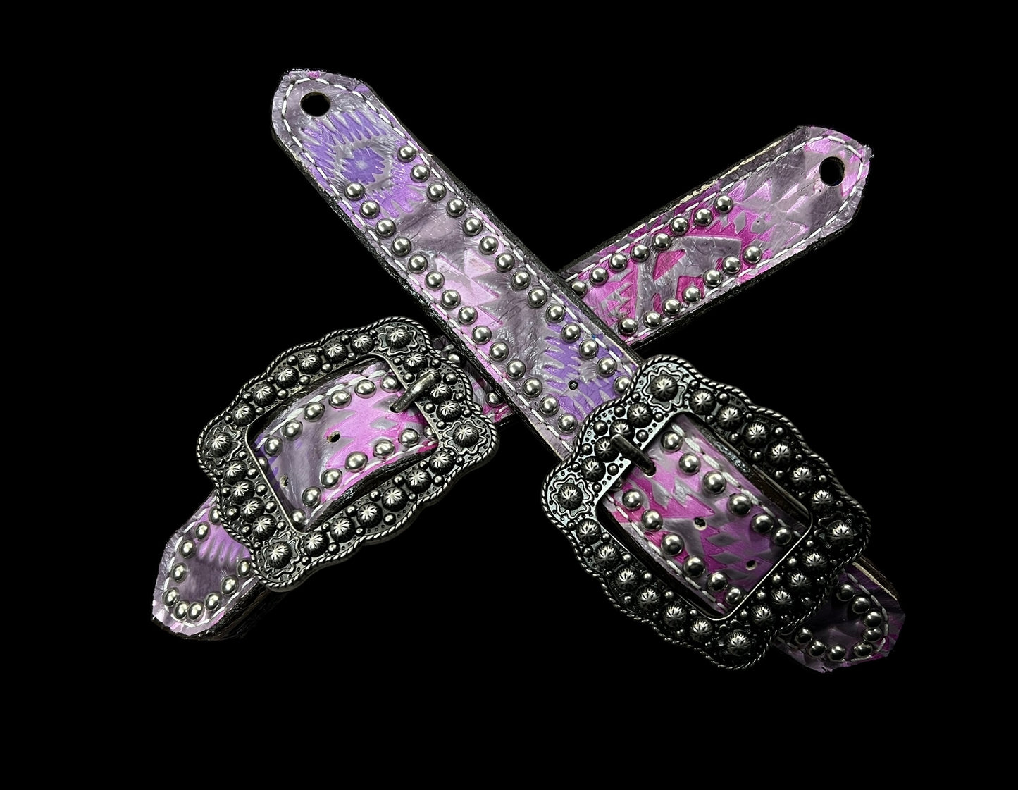 Light pink and purple Aztec on chocolate leather