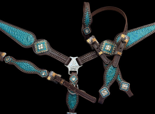 Teal gator on dark leather