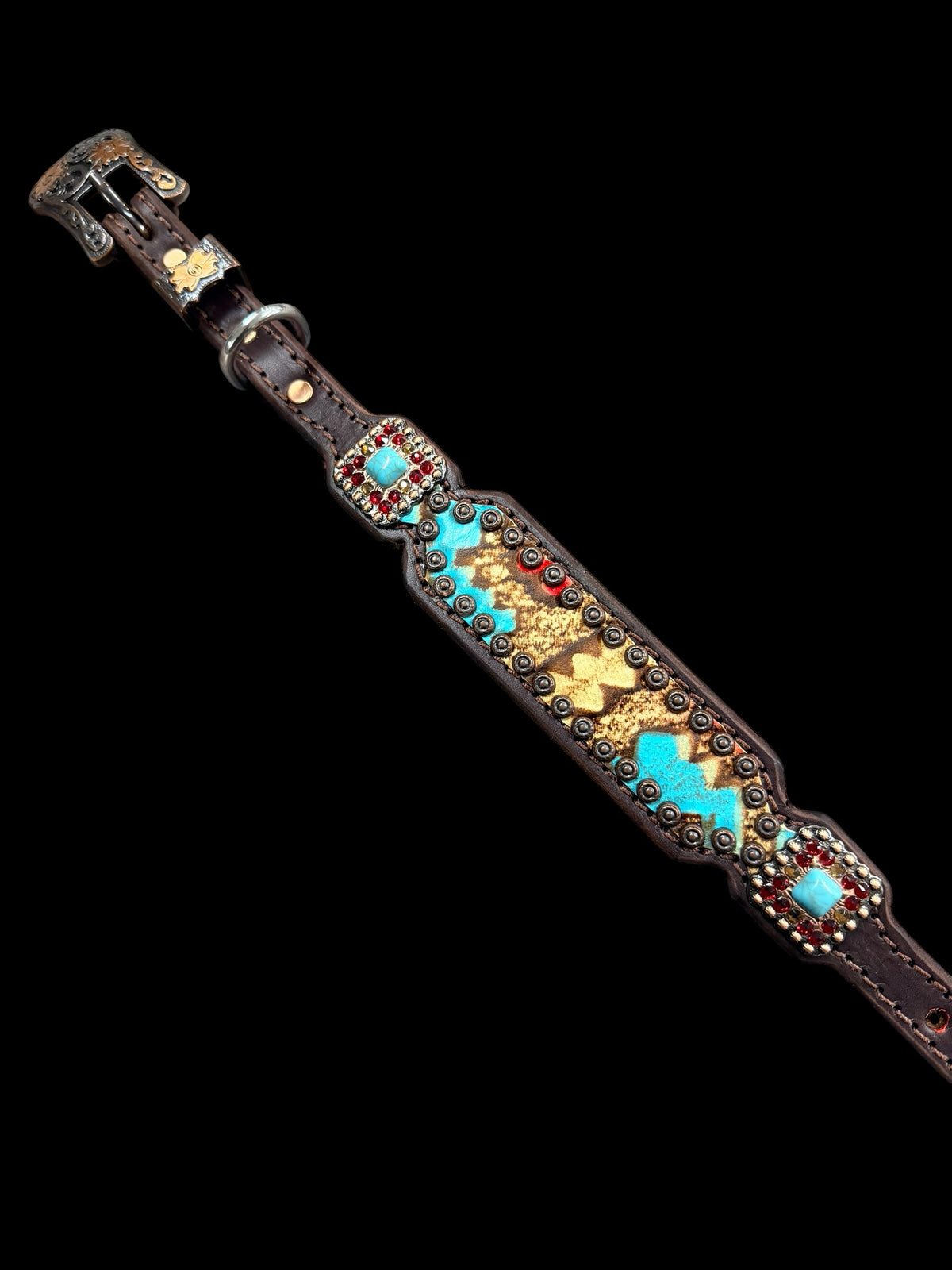 Tan, Red, and Turquoise Taos on dark leather