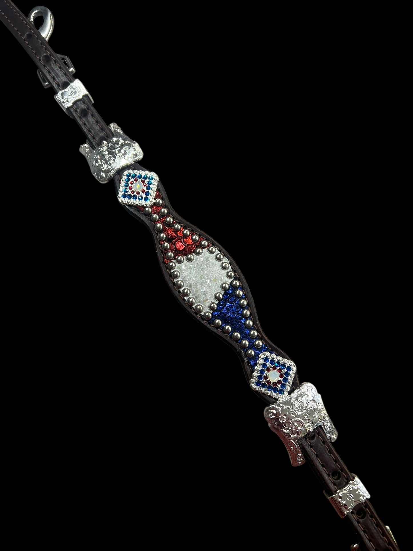 Red, white, and blue mystic on dark