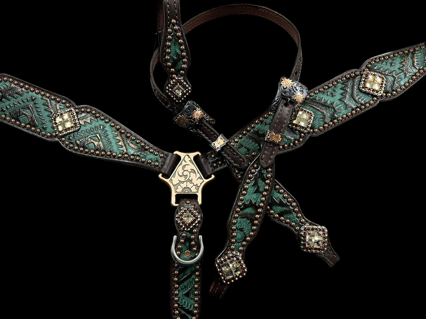 Teal and brown aztec on dark leather