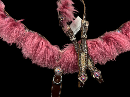 Rose gold glitter and pink angora on Walnut leather