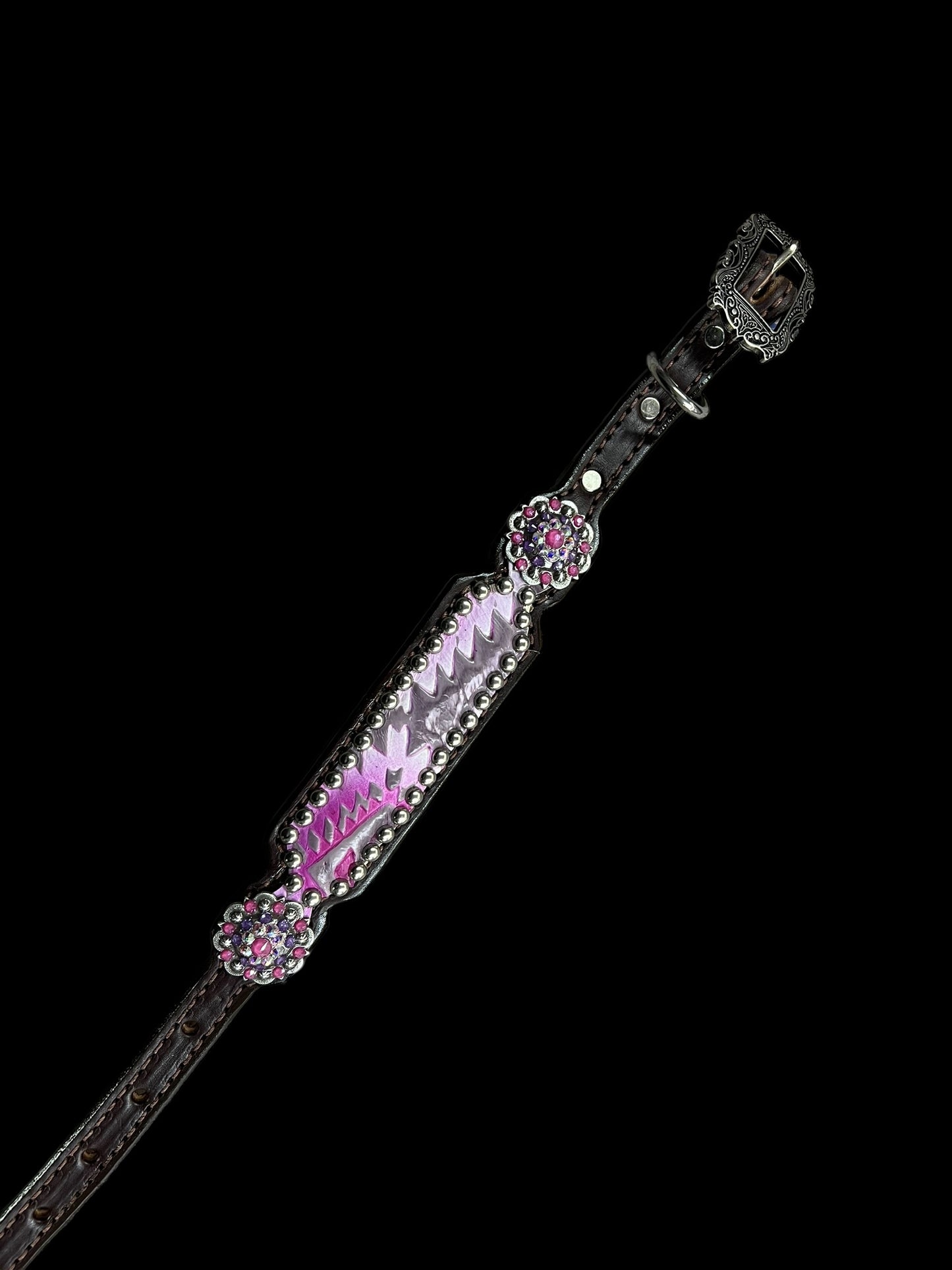 Light pink and purple Aztec on chocolate leather