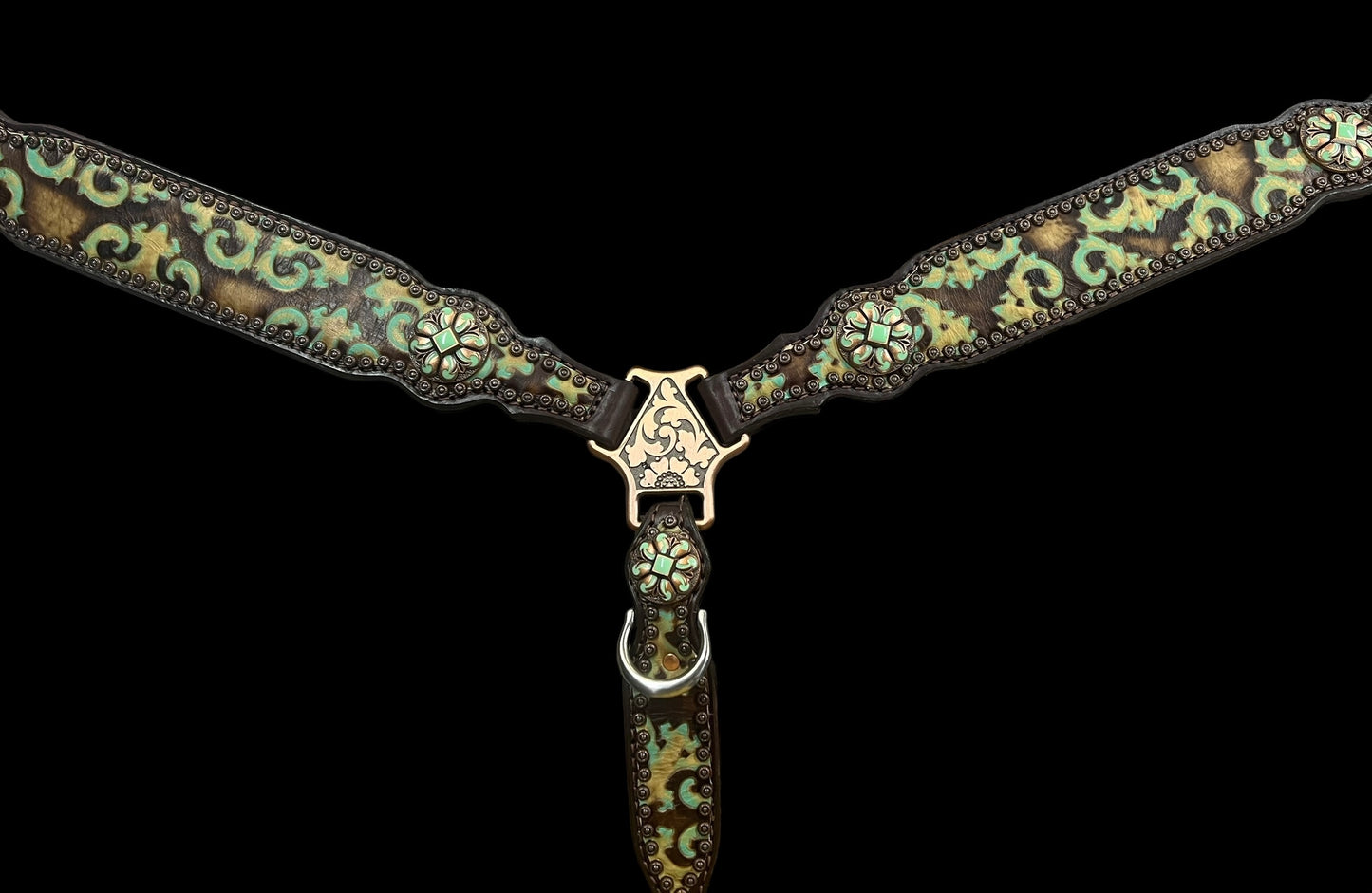 Brown and turquoise corona on dark leather