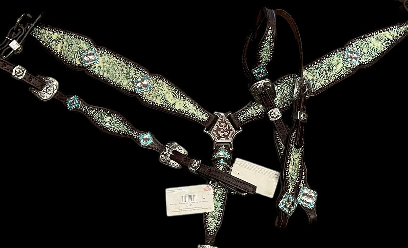 Turquoise and mint paisley on dark leather