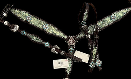 Turquoise and mint paisley on dark leather