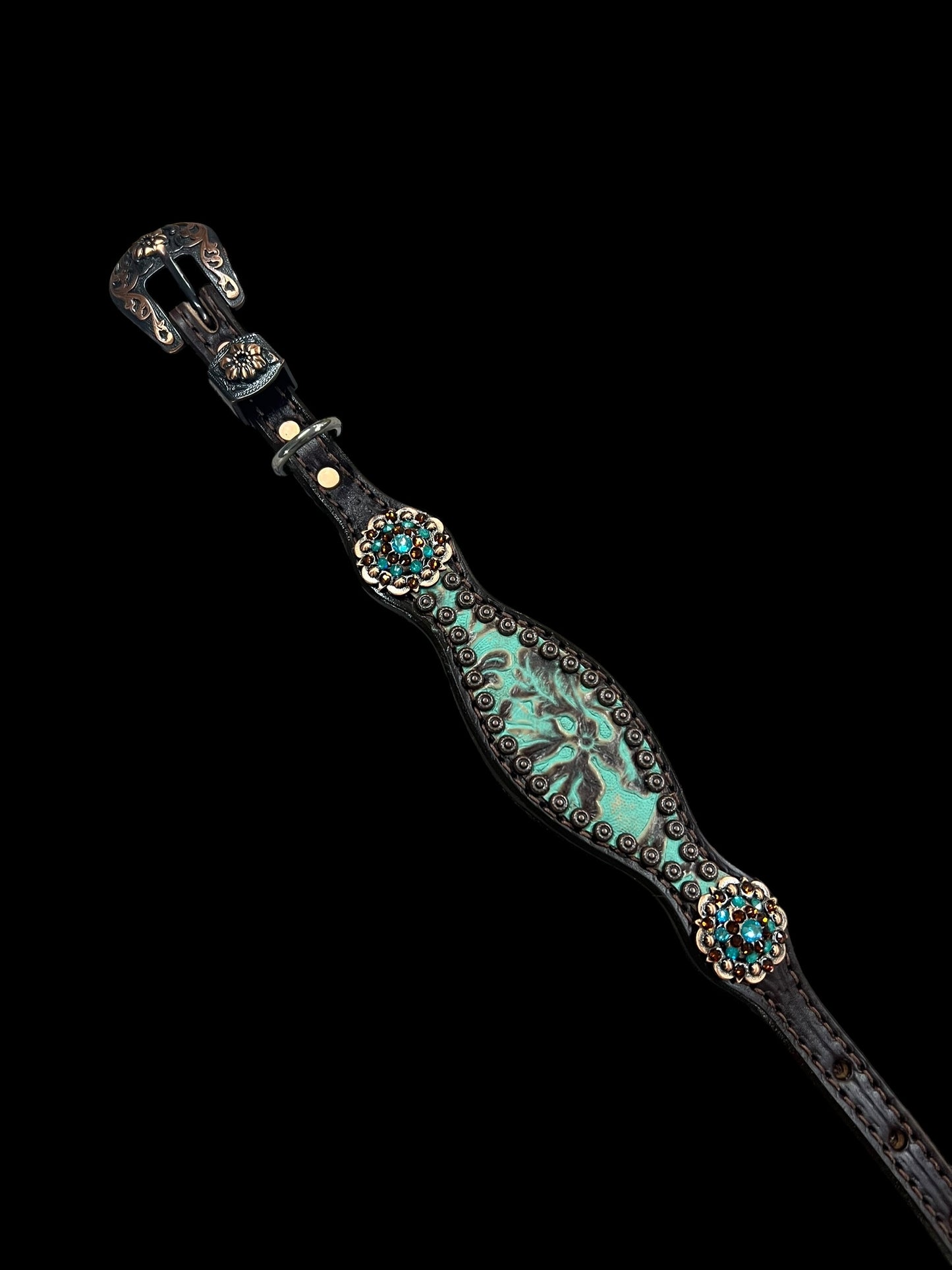 mint and brown floral on dark leather