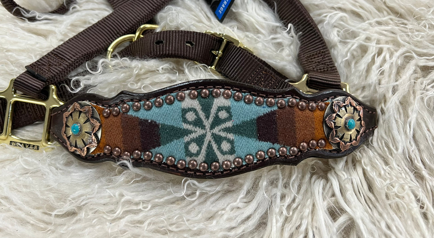 Aqua and brown wool on dark leather