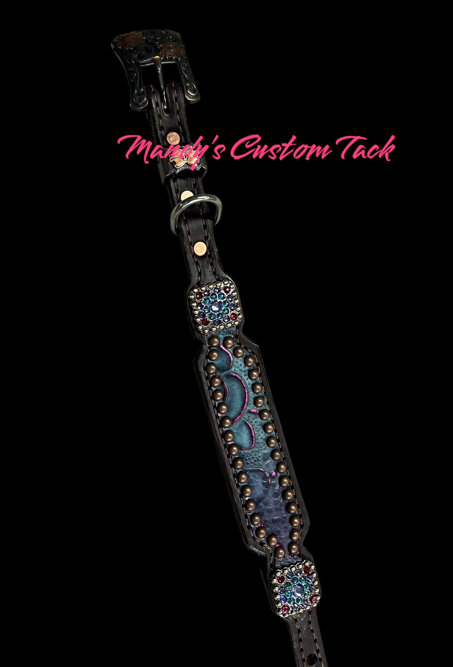 Purple and teal with pink gator and floral on dark leather