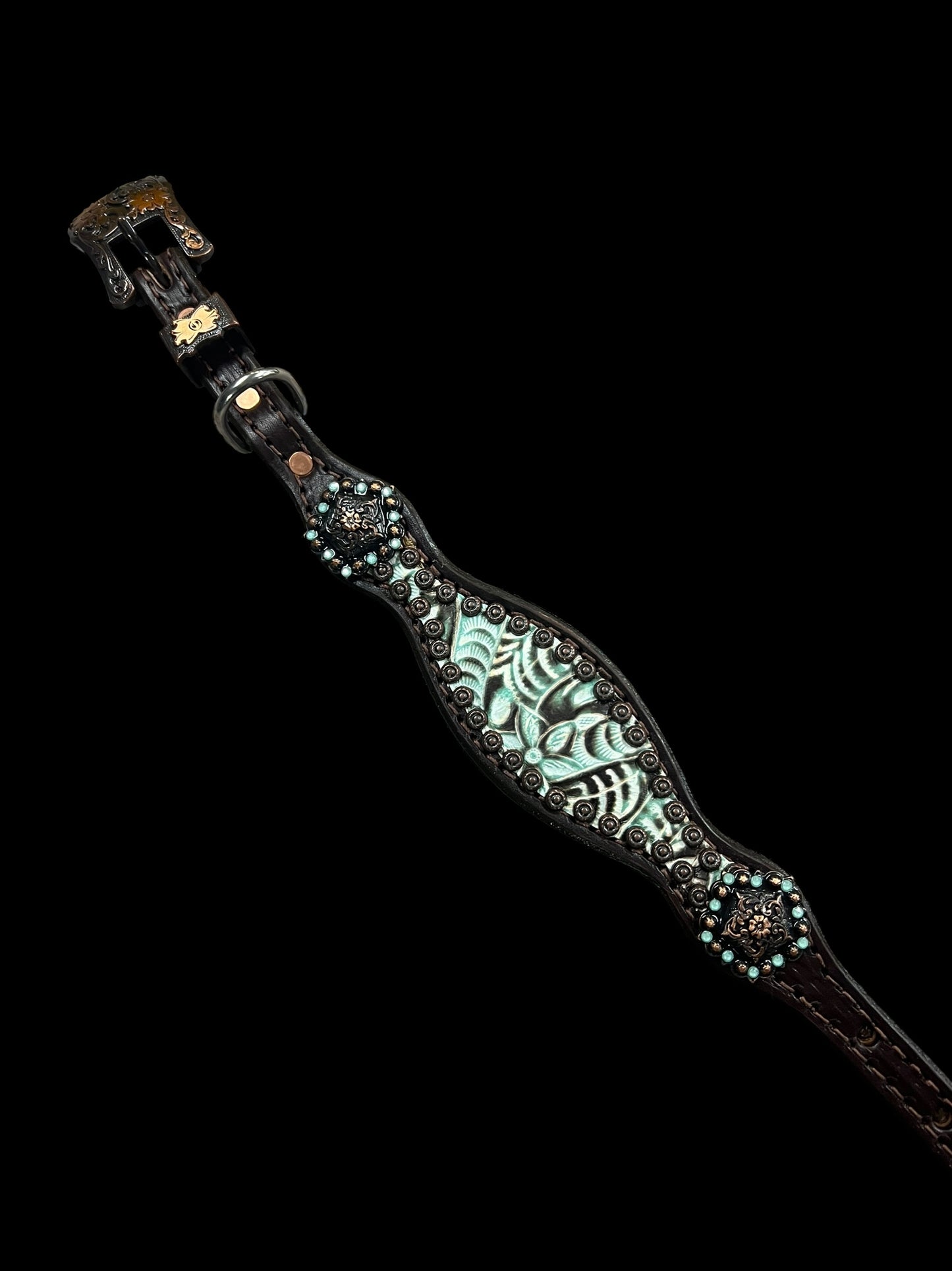 Brown and mint floral on dark leather