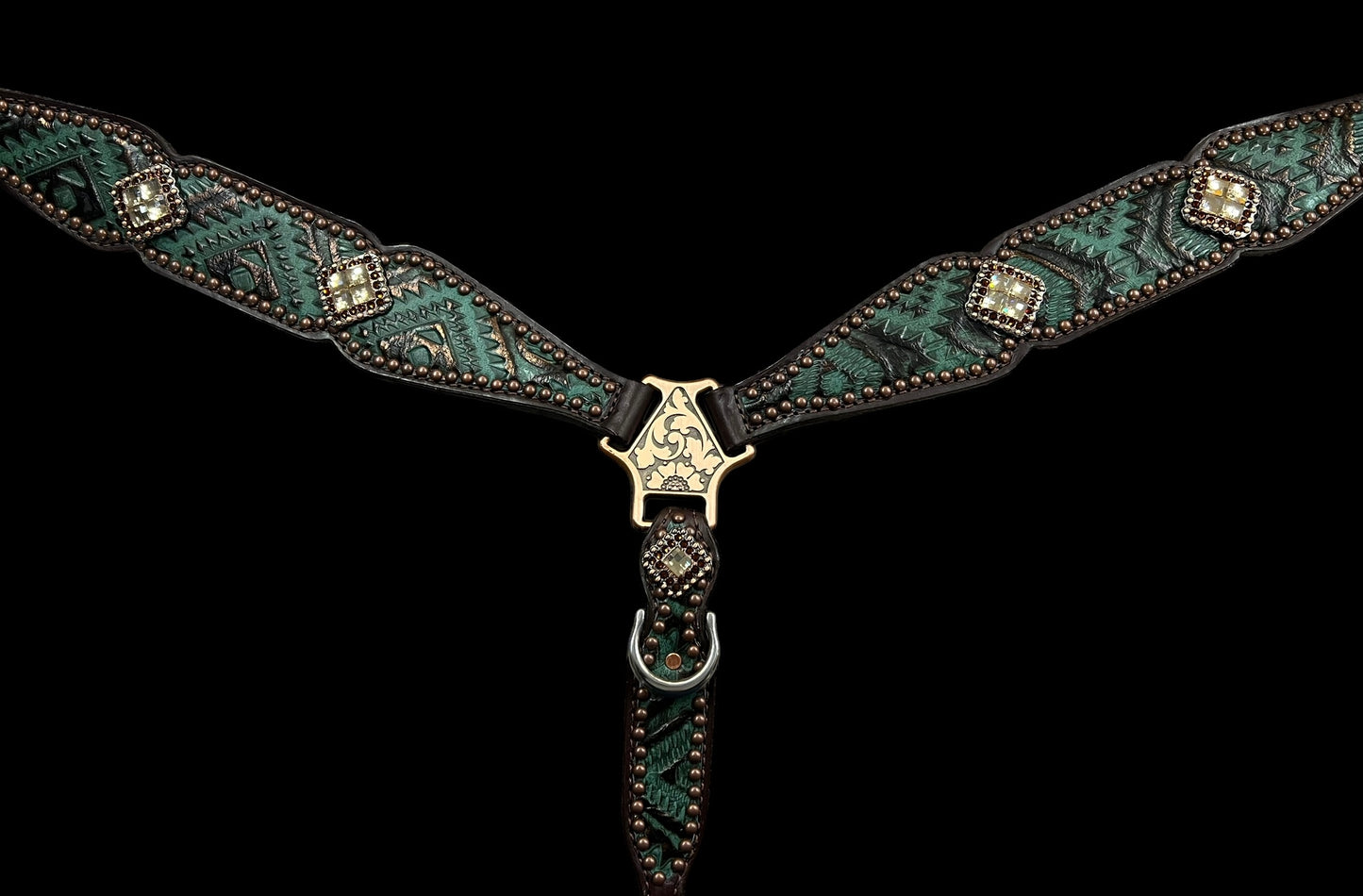 Teal and brown aztec on dark leather