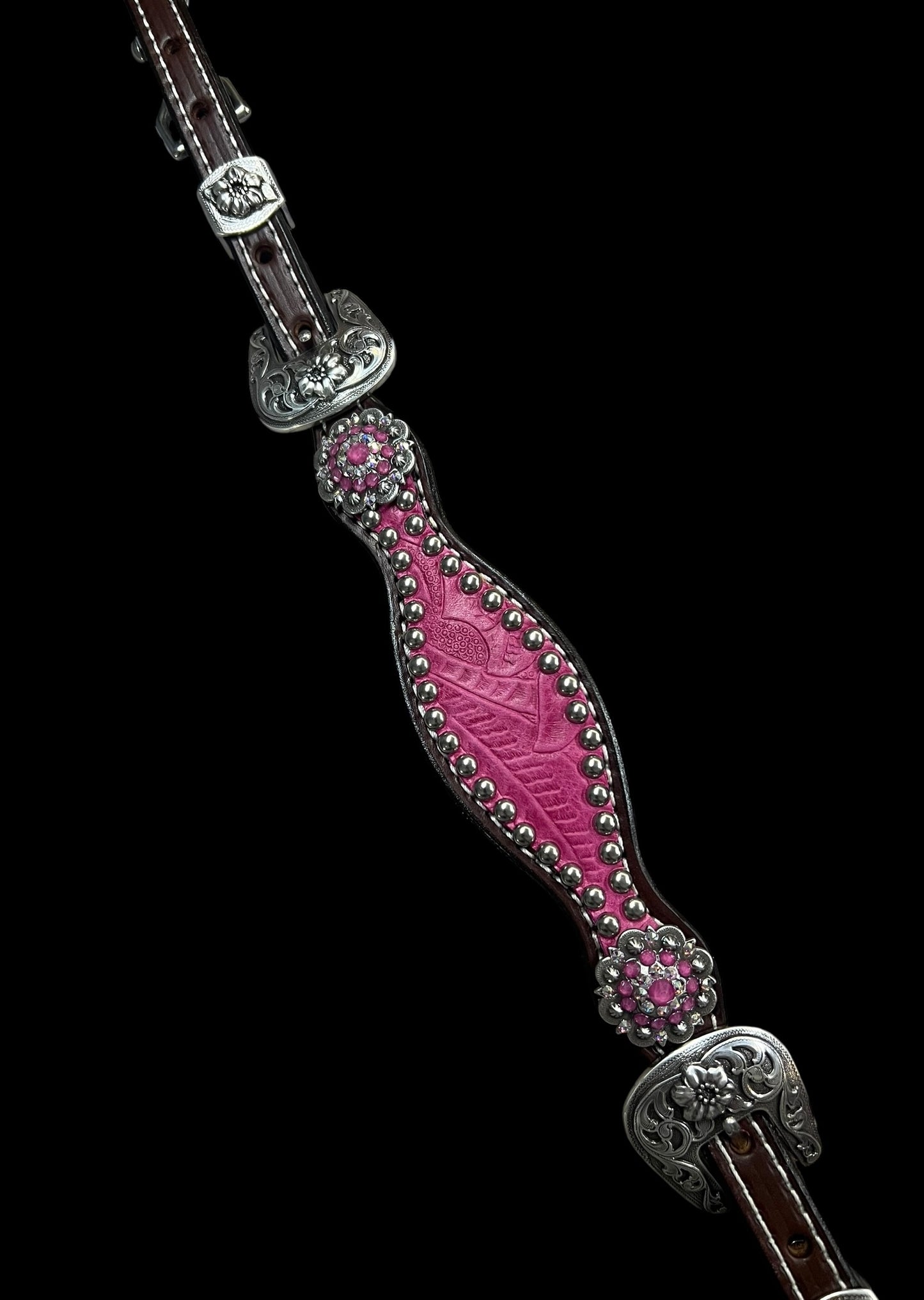 Pink Dallas Floral on walnut leather