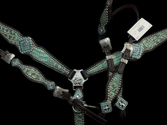 Antique turquoise gator on dark leather