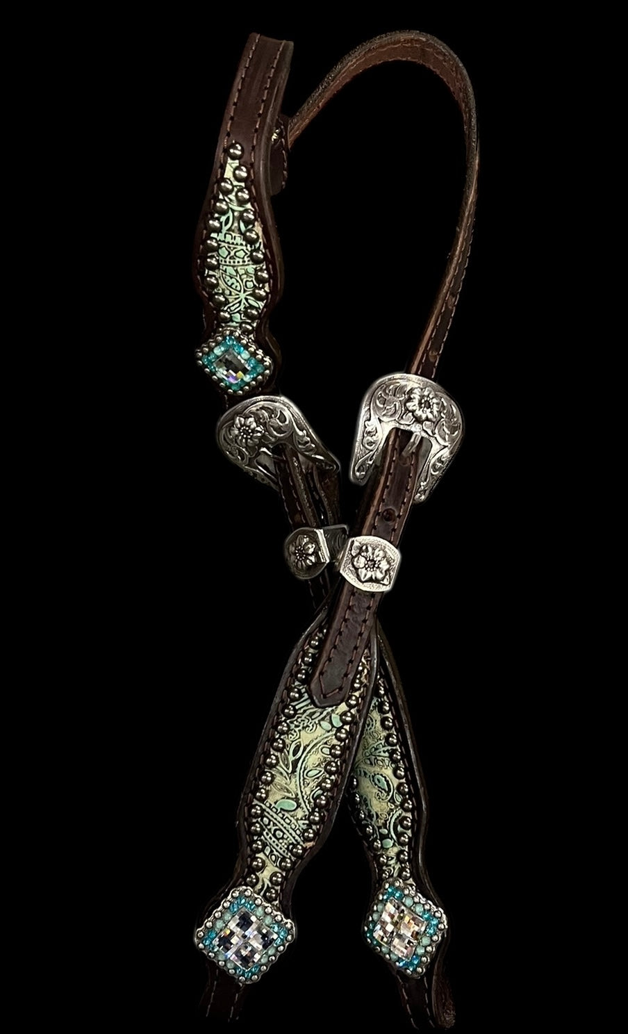 Turquoise and mint paisley on dark leather