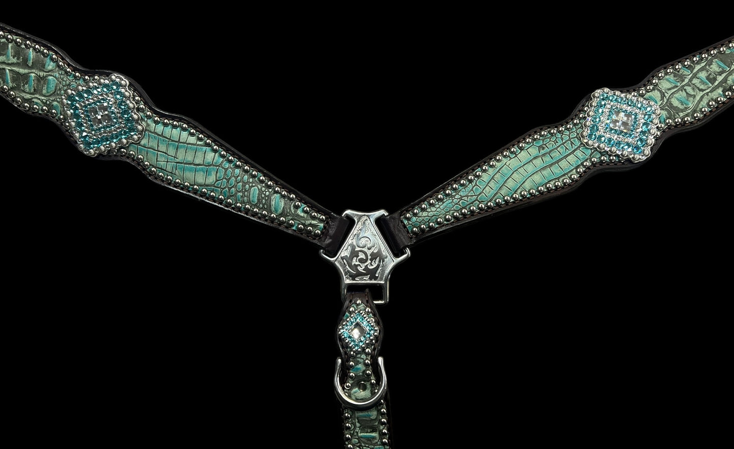 Antique turquoise gator on dark leather