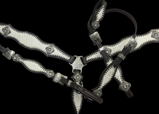 White with silver tips gator on dark leather