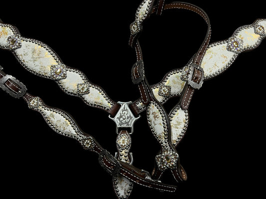 Ivory and gold halo on Walnut leather