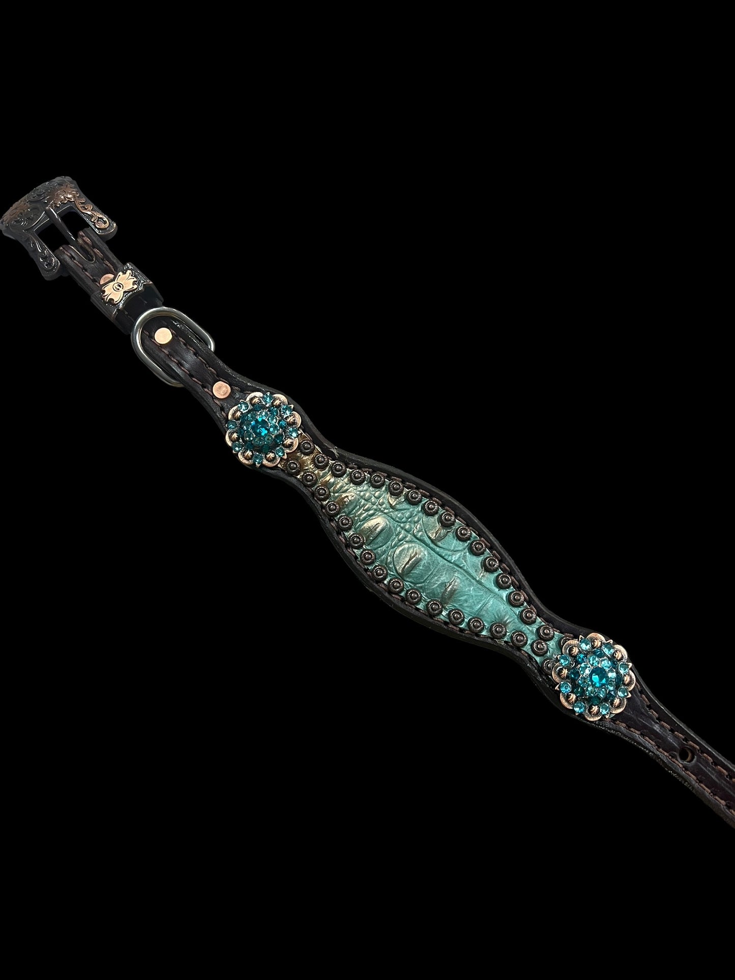 Brown and teal gator on dark leather