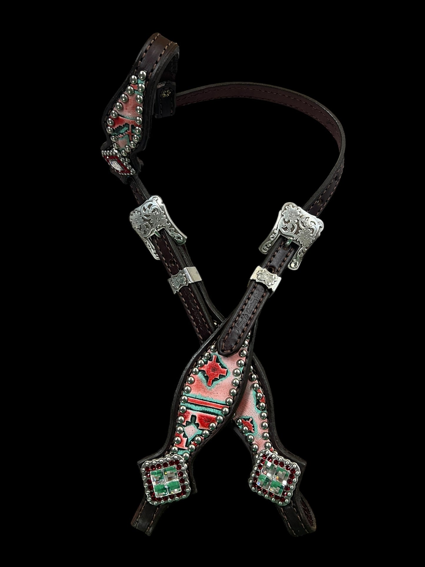Red and mint navajo on dark leather