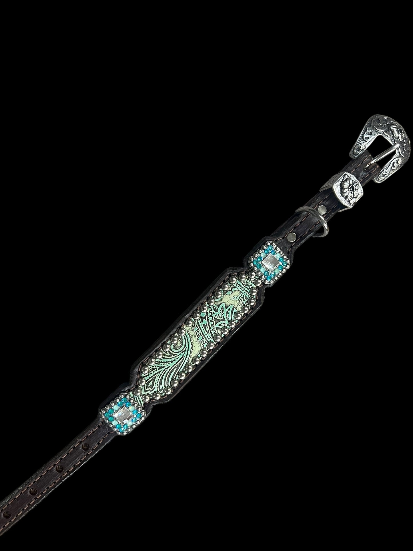 Turquoise and mint paisley on dark leather