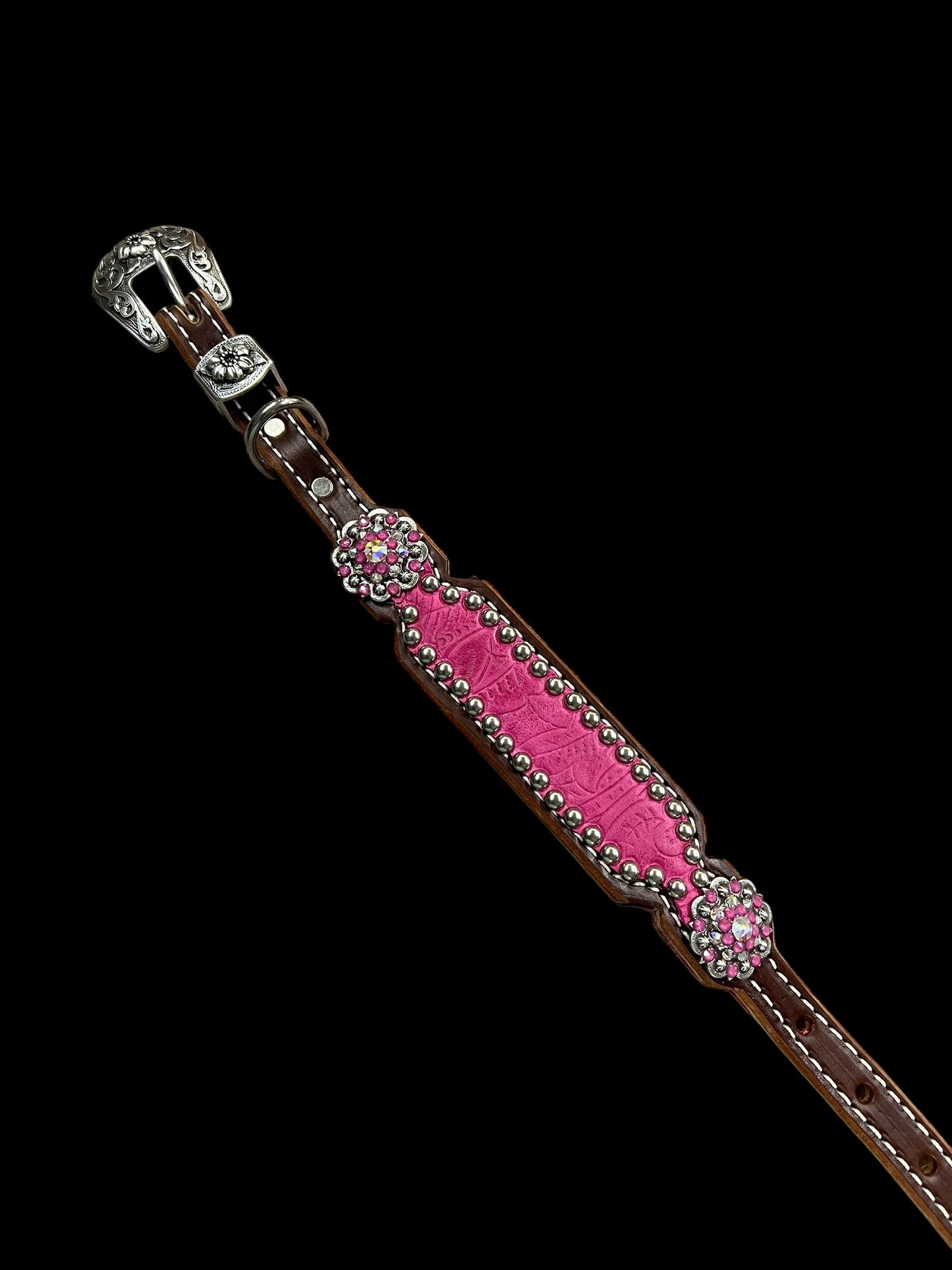 Pink Dallas Floral on walnut leather