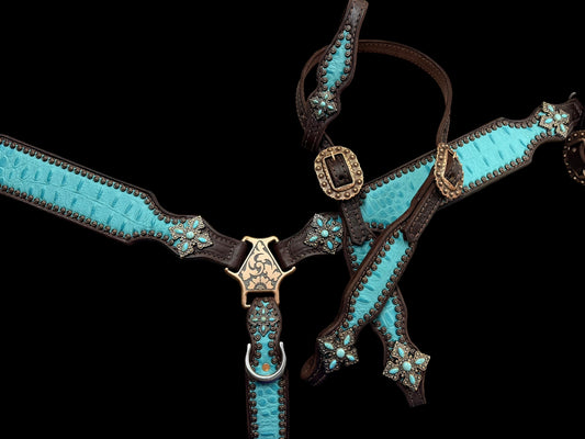 Turquoise gator on dark leather