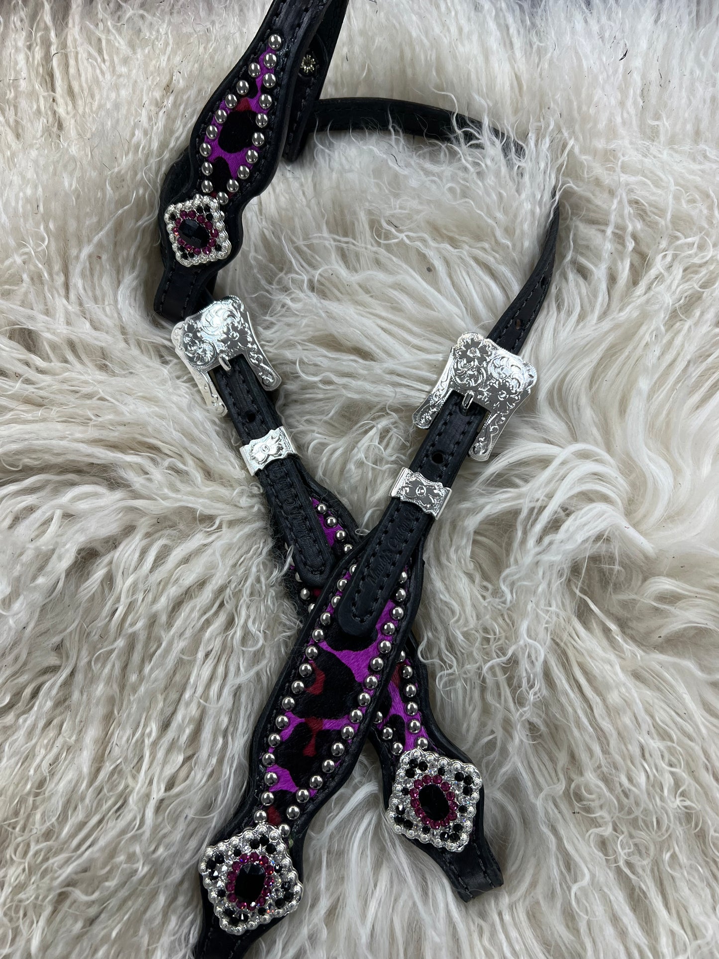 Hot Purple leopard on black leather