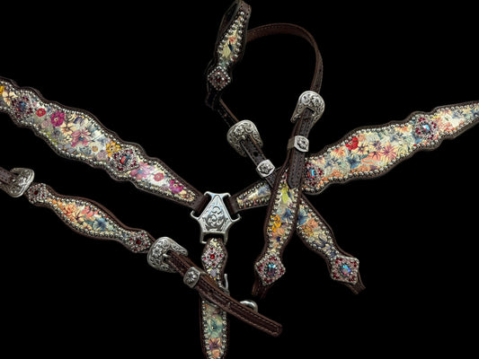 Vintage floral on dark leather
