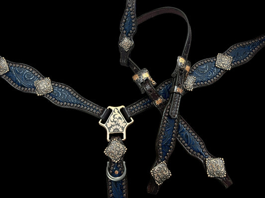 Navy floral on dark leather